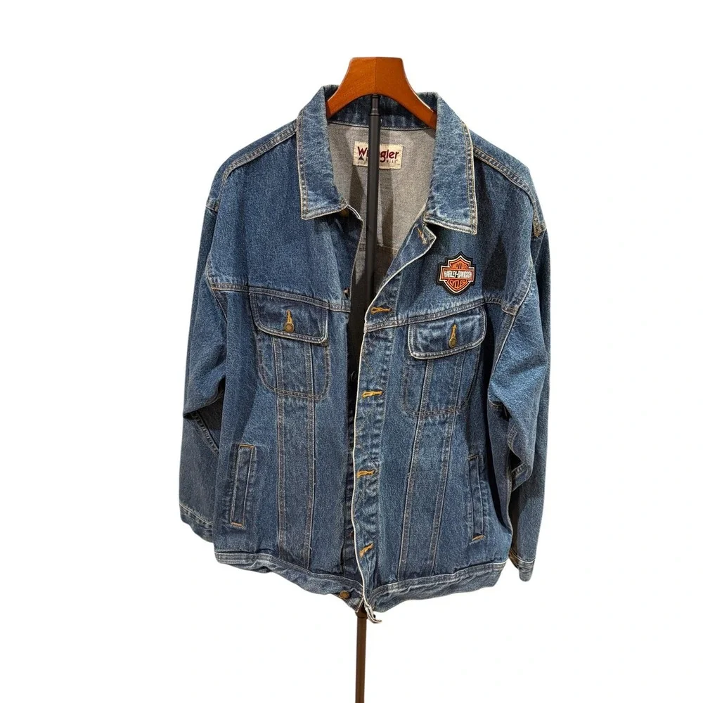 Vtg 90s Wrangler Denim‎ Jacket Blue Classic Fit With Harley Davidson Patches 2XL